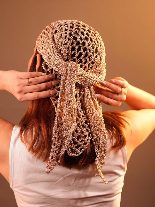 Hair Drama Co. Boho Crochet Scarf For Women | Medium Size Golden Crochet Headscarf | Bohemian Bandana Scarves | Metallic Thread Headband Scarfs for All Seasons