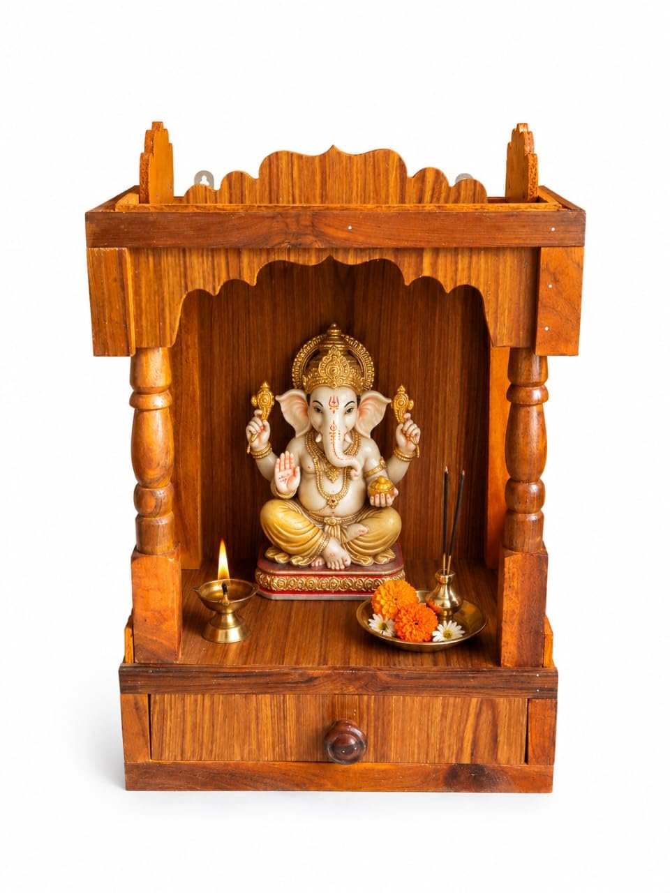 Traditional Wooden Home Temple – Elegant Pooja Mandapam with Single Drawer, Wall-Mountable Small Pooja Ghar for Idols (Dimensions: 45x32x22cm)