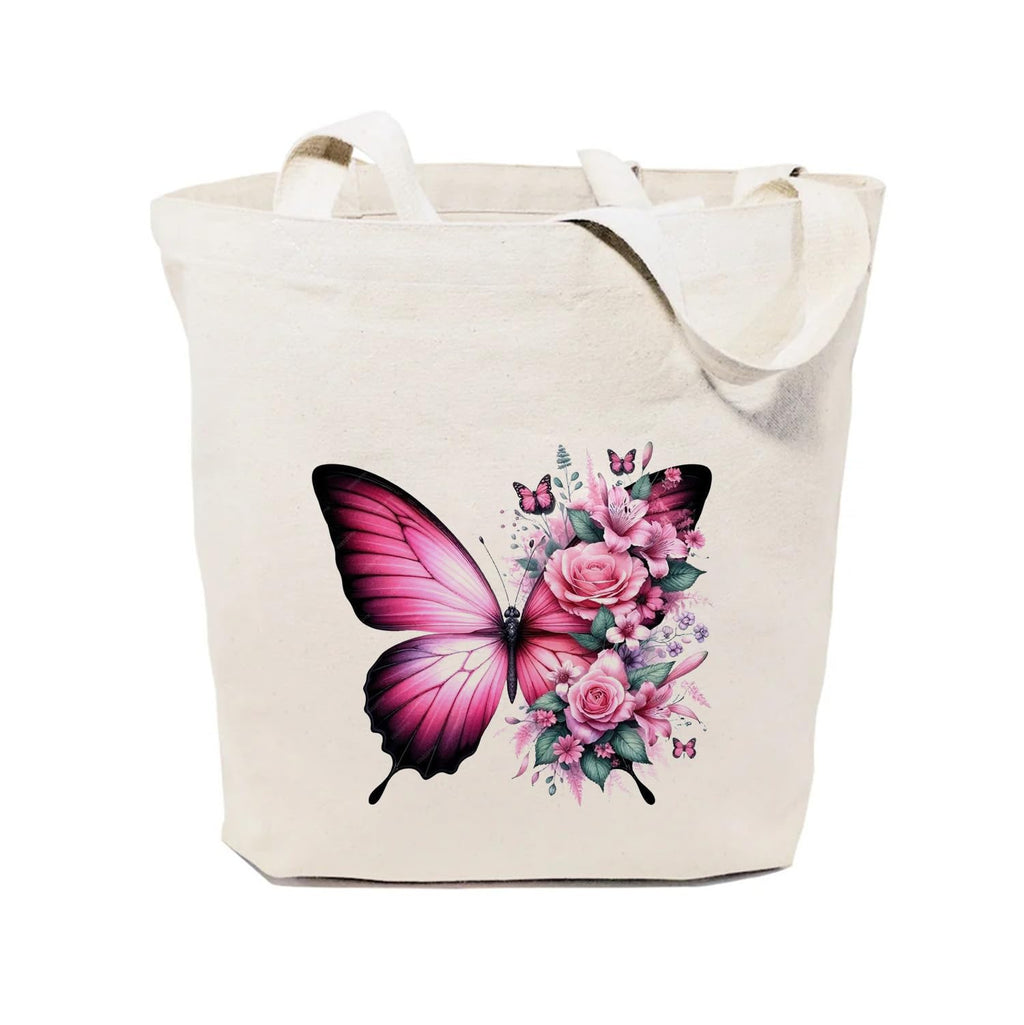 Heu Butterfly Floral Printed Canvas Tote Bag | Eco-Friendly Reusable Cotton Shoulder Bag | Elegant Pink Aesthetic Shopping Tote for Women