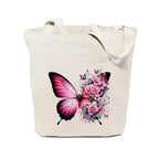 Heu Butterfly Floral Printed Canvas Tote Bag | Eco-Friendly Reusable Cotton Shoulder Bag | Elegant Pink Aesthetic Shopping Tote for Women