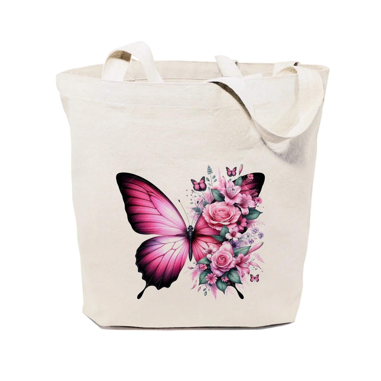 Heu Butterfly Floral Printed Canvas Tote Bag | Eco-Friendly Reusable Cotton Shoulder Bag | Elegant Pink Aesthetic Shopping Tote for Women