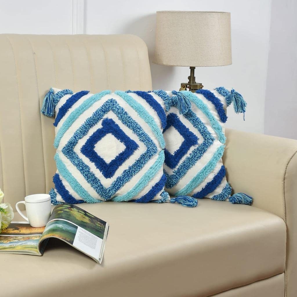 Furnistitchs Premium Decorative Throw Cushion Pillow Cover Boho Home Decor - Living Room Bedroom Couch Sofa Cushion Covers 16 inch x 16 inch (2, Blue Squares)