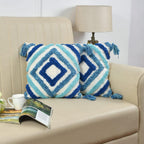 Furnistitchs Premium Decorative Throw Cushion Pillow Cover Boho Home Decor - Living Room Bedroom Couch Sofa Cushion Covers 16 inch x 16 inch (2, Blue Squares)