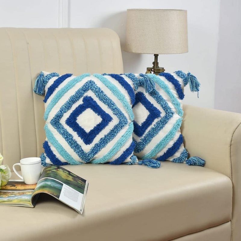 Furnistitchs Premium Decorative Throw Cushion Pillow Cover Boho Home Decor - Living Room Bedroom Couch Sofa Cushion Covers 16 inch x 16 inch (2, Blue Squares)