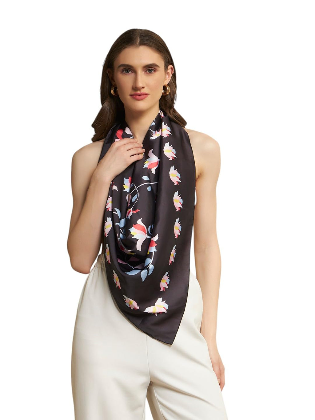 Ravaiyaa - Attitude is everything Women Silk Digital Print Large Square Scarf Breathable Lightweight Neckerchief Printed Headscarf 40 x 40 Inch (Black Floral)