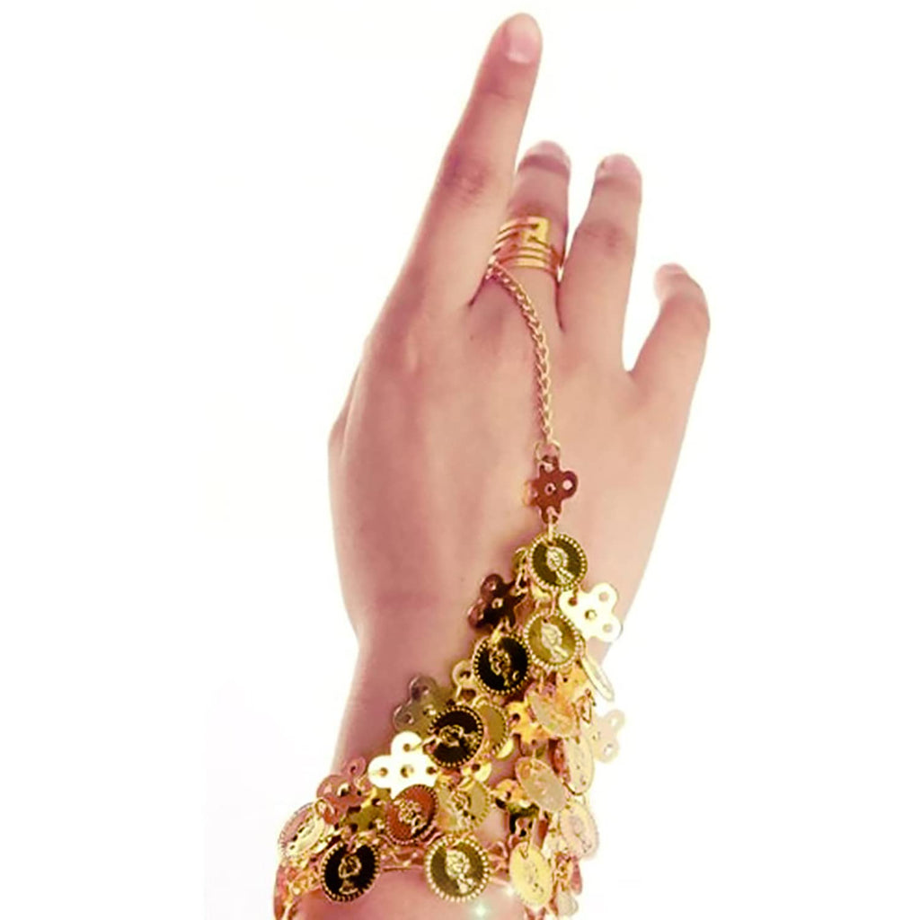VRITRAZ Women's Chiffon Belly Dance 50 Coin Headband, Wrist Band, Face Veil And Metal Hip Scarf (Gold)