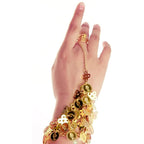 VRITRAZ Women's Chiffon Belly Dance 50 Coin Headband, Wrist Band, Face Veil And Metal Hip Scarf (Gold)