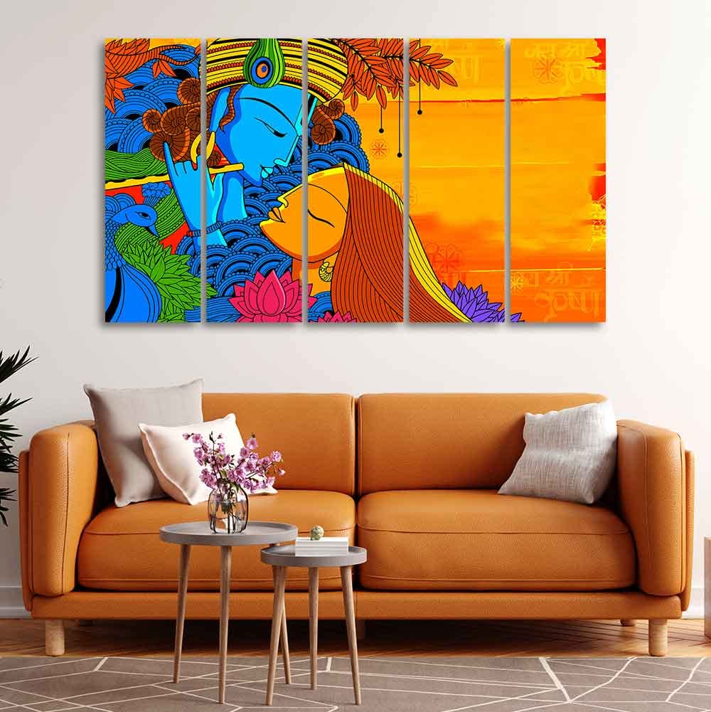 VIBECRAFTS Radha and Kanha Canvas Wall Painting Set of Five For Home|Office|Living Room|Gift (PTVC5Pcs4_8624)