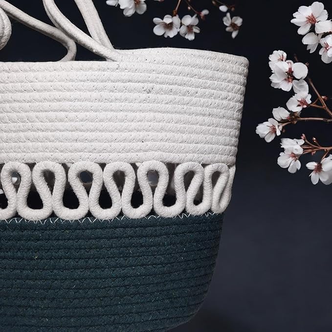 BEAUTIFUL HOMMIES Attractive Hand Bag |large Tote Bag |Summer Bag | Bucket Bag | Basket Bag | Bamboo Tote | Beach Bags for Women|Boho Bag|Handbag |Jute Bag |Handmade Bag (BLUE WHITE)