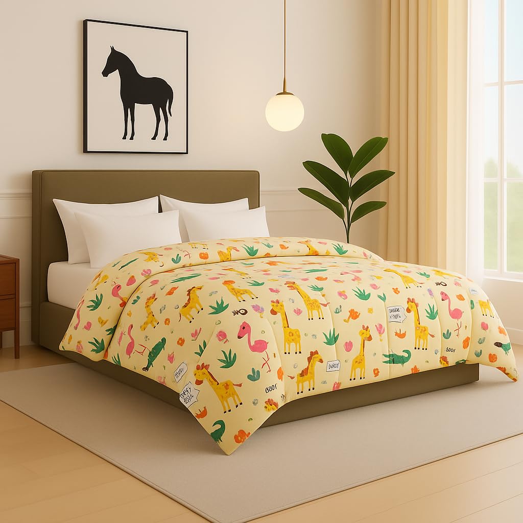 linenaffairs Bed Comforter - Single Size - Jungle Safari - 300 GSM Quilt Blanket Rajai – Winter Warm Down Alternative Duvet Insert with Corner Ties Kafalo