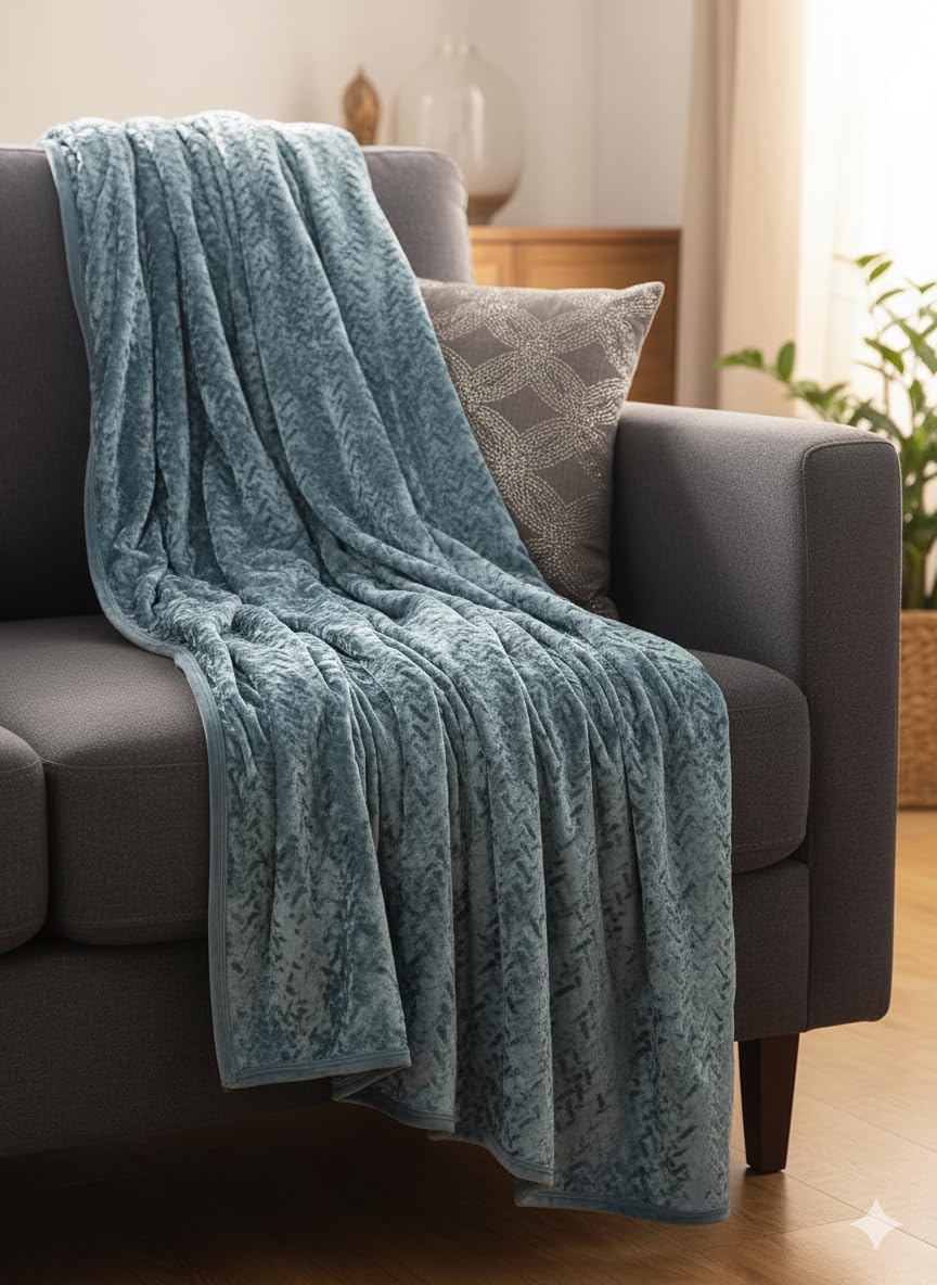 Florida Solid Embossed Flannel Blanket, 320 GSM Ultra-Soft All-Season AC Blanket (Double, Blue) Kafalo