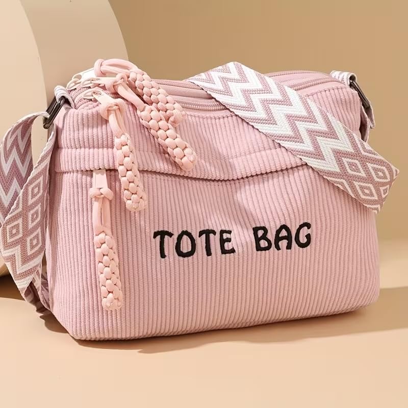 Street27 Women’s Premium Corduroy Tote Bag with Adjustable Wide Strap, Multi-Pocket Crossbody & Shoulder Handbag, Lightweight Everyday Carry with Secure Zipper Closure | (Pink)