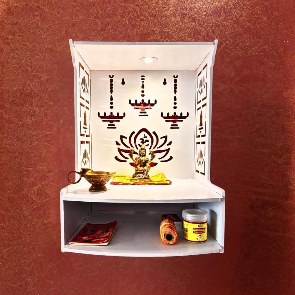 Homscape Modern Wooden Wall Mounted Temple for Home, Office, Living Room | White Pooja Mandir with LED Light & Storage Shelf | Small Wooden Temple 15.8 Height | Home Temple Decor with Storage Cabinet