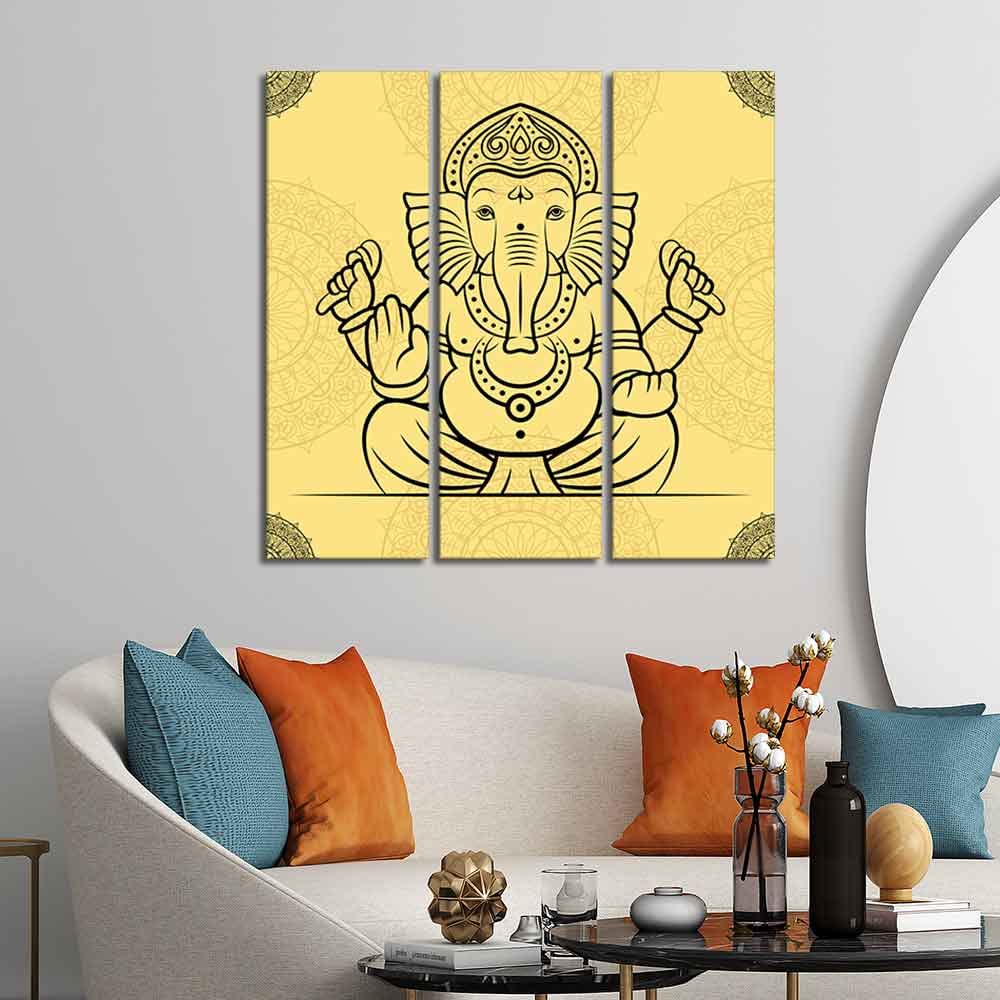 VIBECRAFTS 3 Pieces Ganesh Ji Canvas Wall Painting Fitted With Wooden Frame For Home | Office | Living Room | Gifts (PTVC3Pcs1_9580)