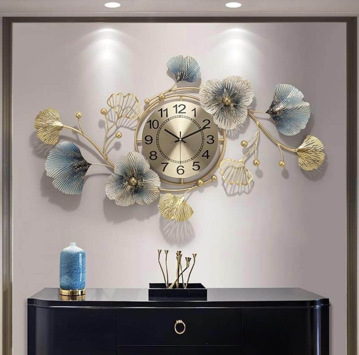PREMIUM DECOR HUB Analog Metal Wall Clock- For Home Decor This Handcrafted Wall Clock , With Silent Clock No More Tick-Tock Quartz Mechanism, 70 Cm, Golden, Blue