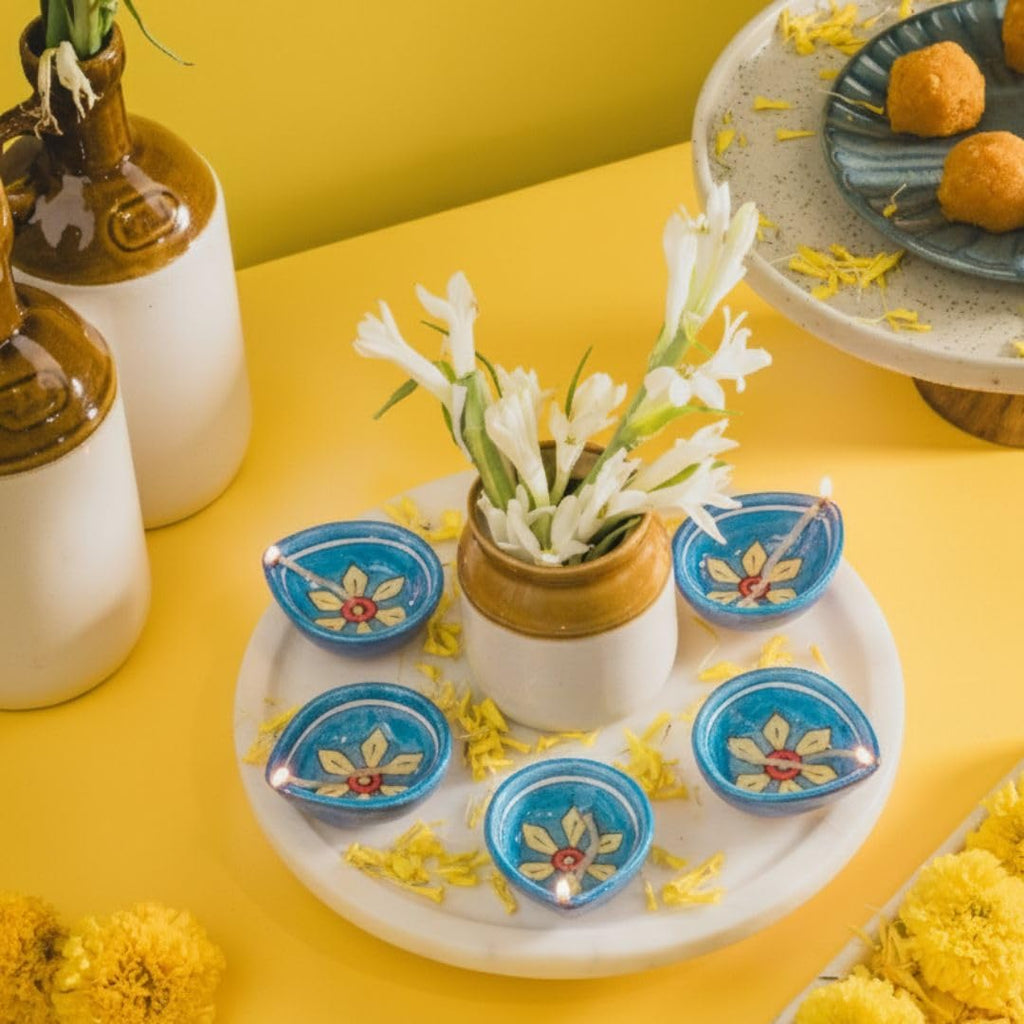 ATRANGI STUDIO Starflower Blue Pottery Diya - Set of 10 | Handcrafted Decorative Oil Lamps | Colourful diyas for Puja Rituals, Festive Decoration | Perfect for Rangoli, Traditional Lighting (Blue)