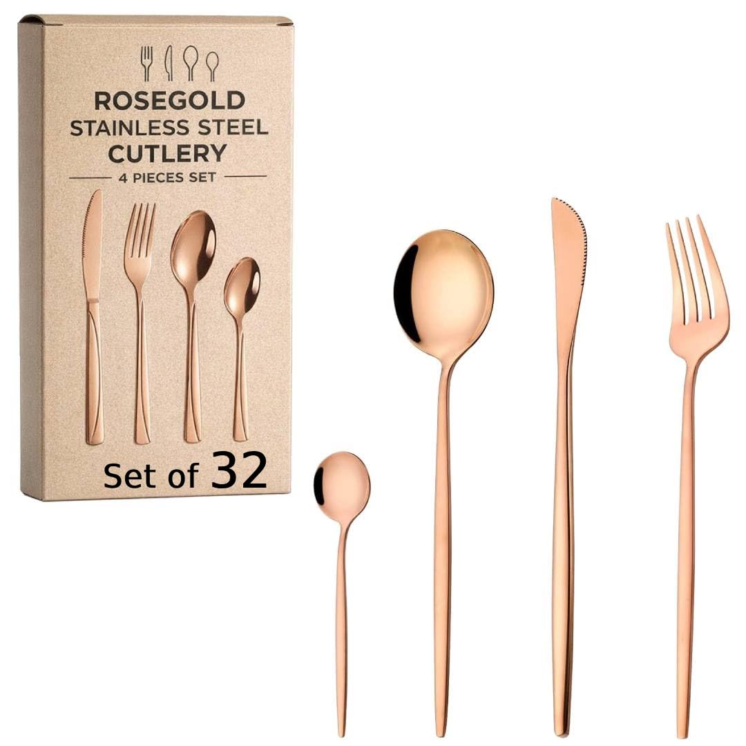 ANH MART Mirror Finish Rose Gold Plated Stainless Steel Flatware Set Copper Silverware Set Spoon Color Cutlery Set [Dinner Fork-Tea Spoon-Salad Spoon-Knife] Set of (Rose Gold 32)