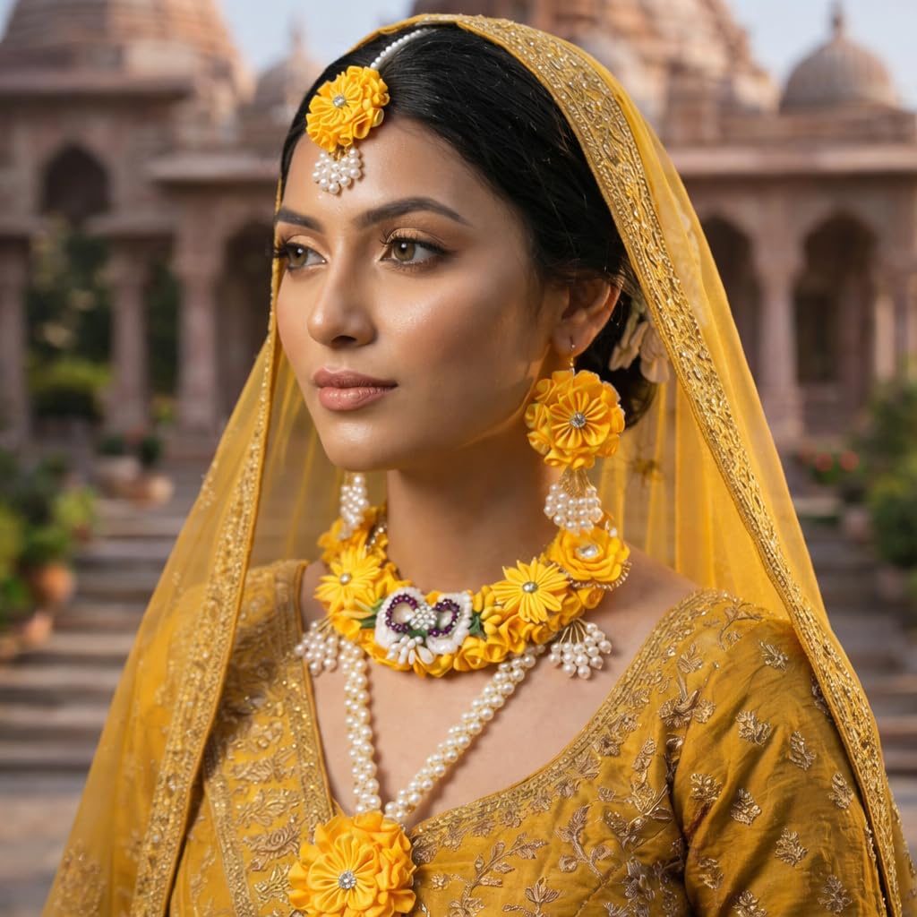 Radhika Yellow Floral Jewellery Set for Haldi & Mehndi | Handmade Fabric Flower Necklace with Earrings & Hair Accessories | Pearl Beaded Bridal Artificial Jewellery Set for Women & Girls