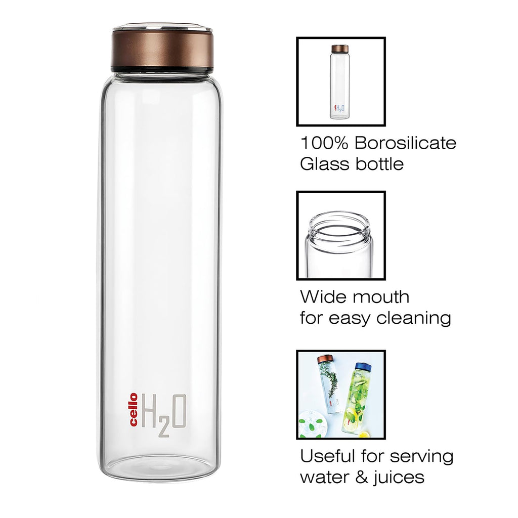 CELLO H2O Glass Water Bottle for Fridge 1000 ml Copper | Microwave Freezer & Dishwasher Safe, Easy to Clean & Pour Wide Mouth Lead-Free Toughened Glass Water Bottle for Kitchen Office Travel & Gifting