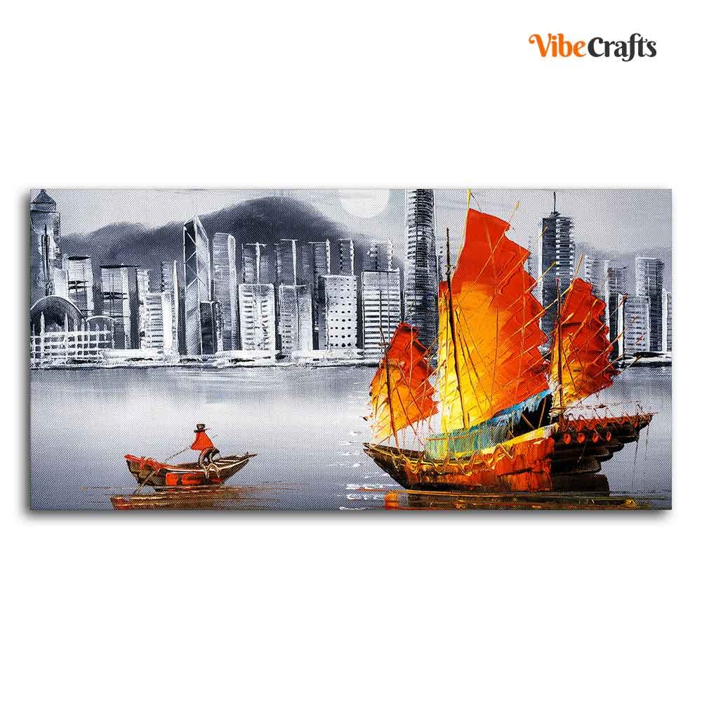 VIBECRAFTS Canvas Paintings for Living Room Drawing Room Premium Wall Painting of Victoria Harbor, Hong Kong Fitted with Wooden Frame for Home|Office|Gift(PTVCH_2284)