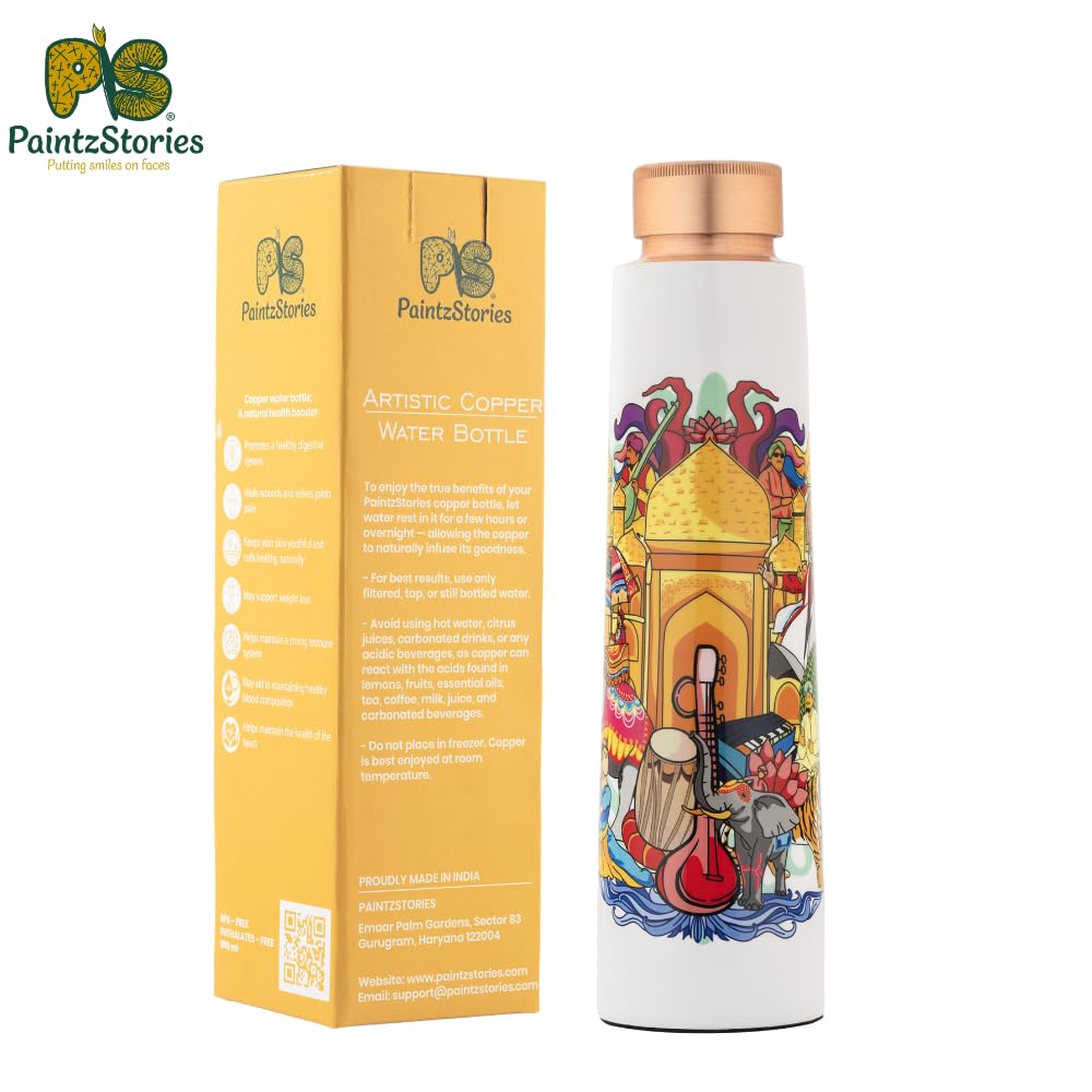 PAINTZSTORIES India's Rich Culture Meena Print Copper Water Bottle | Handcrafted Tamba Bottle | Premium Copper Water Bottle for Home Décor, Office, Travel & Gifting | 900 ml