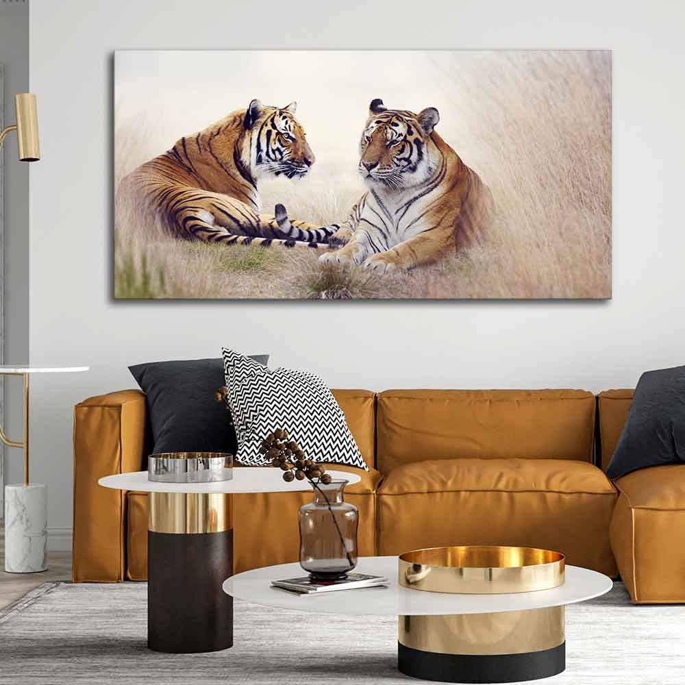 VIBECRAFTS Canvas Paintings for Living Room Drawing Room Two Tigers In Forest Premium Wall Painting Fitted With Wooden Frame for Home | Office | Gift (PTVCH_2339)