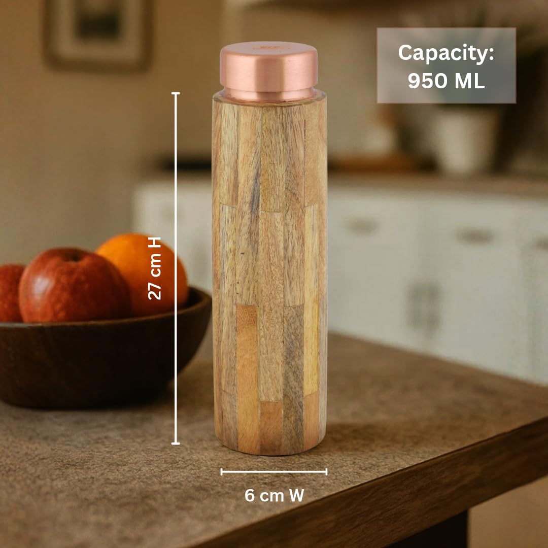 Vip luxe Wooden Copper Bottle, Daily Use, Single Printed Design, 950 ML, Copper, Water Bottle, Brown, Lightweight Portable, Adult, 20 x 10 cm, Hand Wash Only, Wooden Copper Bottle 950ml