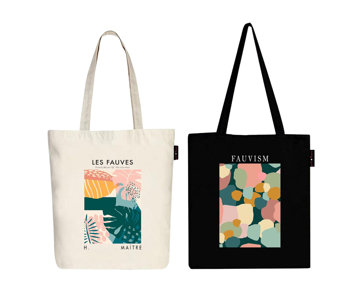 Peach Blossom Printed Cotton Zipper Tote Bags | CBAG - WHT-LES FAUVES_BLK-FAUVISM