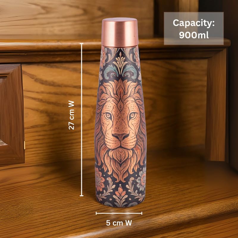 Vip luxe Copper Bottle | Lion Motif | UV Printed Design | Pure Copper Water Bottle for Health & Wellness | 900 ml Capacity