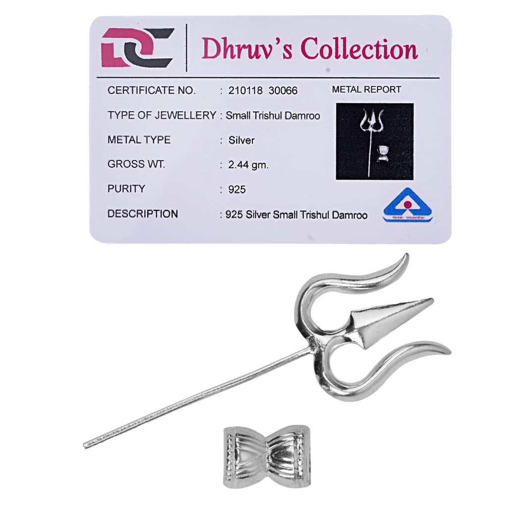 DHRUVS COLLECTION 925 Silver Small Trishul (Without Stand) & Damroo for Pooja Room, Home Decoration, Mandir Decor, Donation & Gifting Purpose - 2.4 Grams