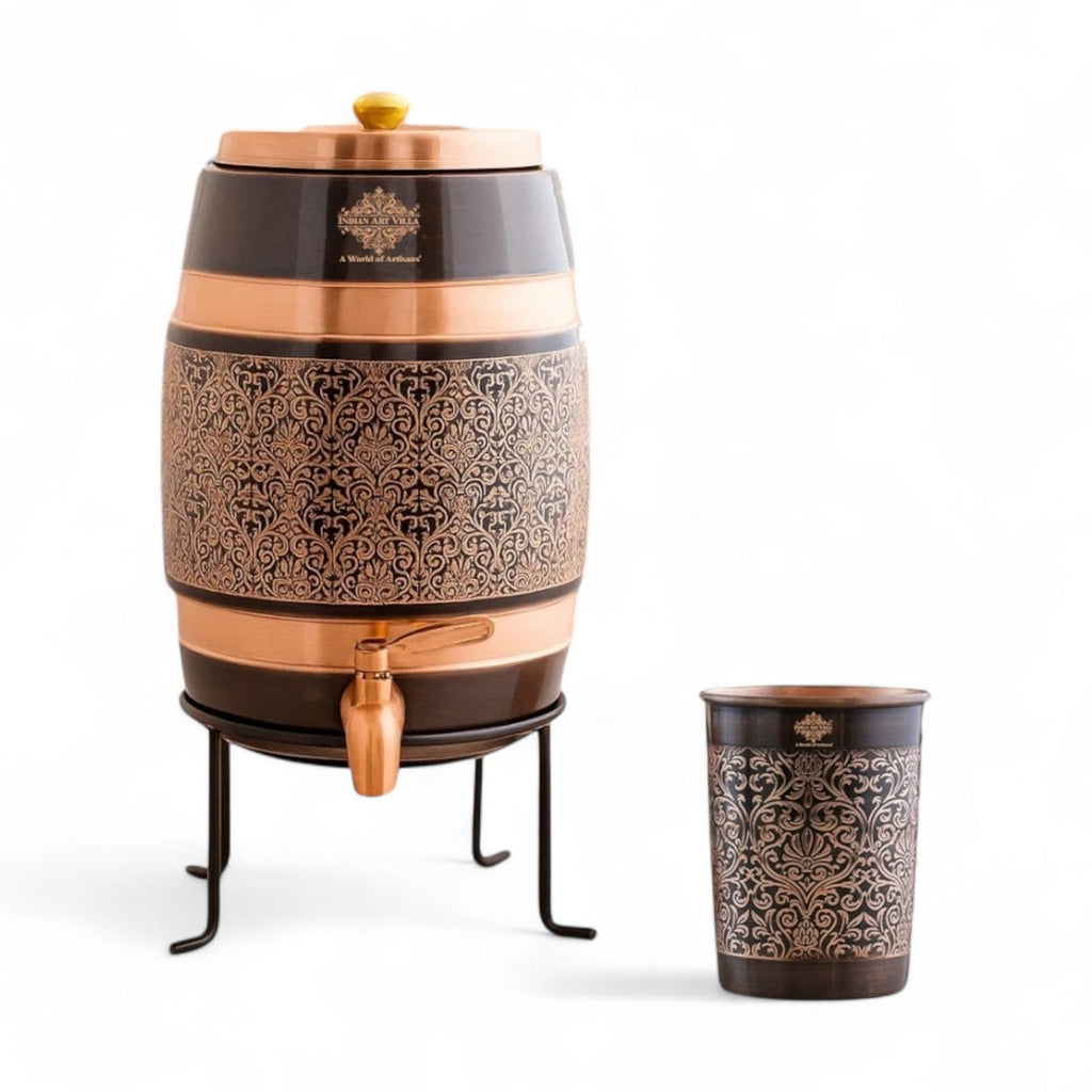 Indian Art Villa Copper Water Carafes with Embossed & Black Printed Design – 5 Liter Water Carafes with Stand, Tap & Glass (275 ML), Ayurvedic Drinkware for Home, Office, Gifting & Daily Hydration