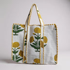 QRUBIS Quilted Cotton Tote Bag, Jungle Flower Safari Tropical Print, Large, Double Handle, 18x6x18 Inches, Unisex, White-yellow Flower, Large