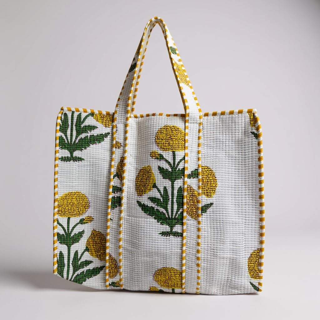 QRUBIS Quilted Cotton Tote Bag, Jungle Flower Safari Tropical Print, Large, Double Handle, 18x6x18 Inches, Unisex, White-yellow Flower, Large