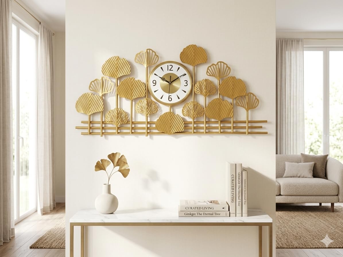 Mahira Artefacts Metal Wall Clock, Gold, Art Deco Style, Silent Analog, Ginkgo Leaf Design, Large, for Living Room, Bedroom, Office