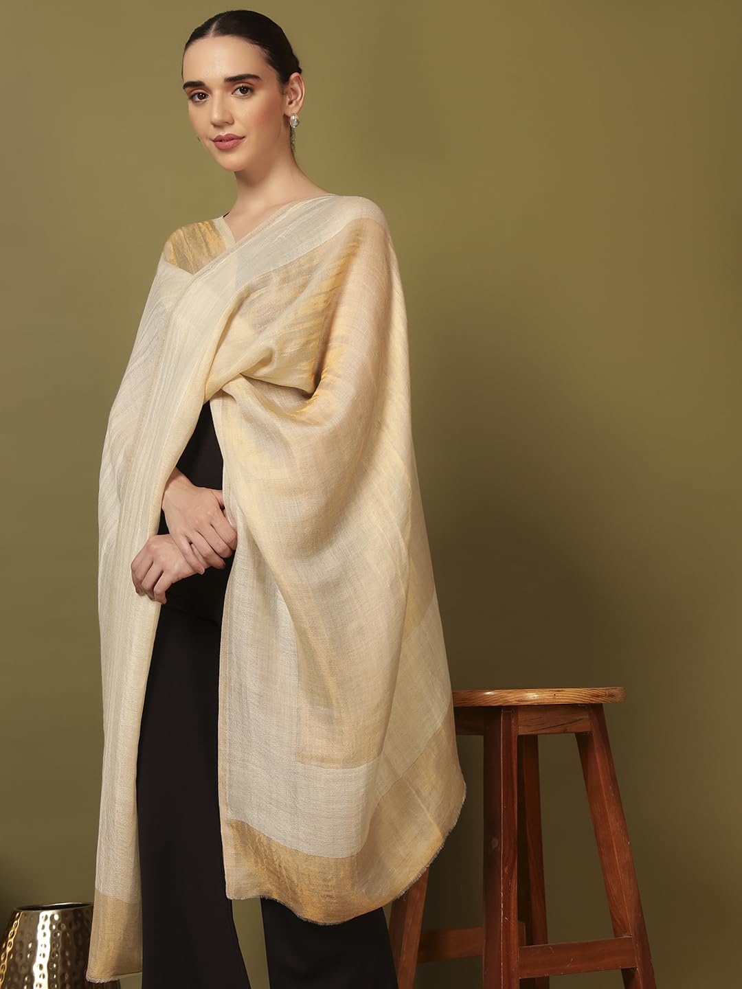 Pashmoda Women Midnight Bronze Reversible Zari Moonlight Fine Wool Stole (Size : 28x80in, 71X203cm) ZSST04