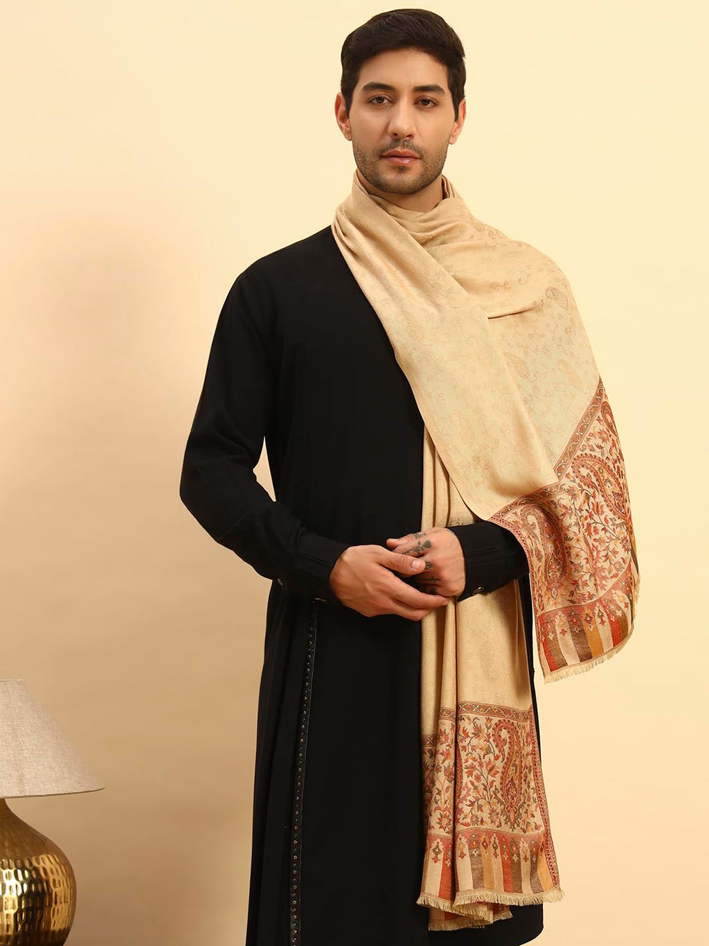 Pashmoda Men Gulpari Kaani Stole, Authentic Kashmiri Luxury Pashmina Style Shawl, Stole, Small Size Gents Lohi, (Size 28x80 Inches,Beige Color) MAVST06