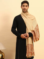 Pashmoda Men Gulpari Kaani Stole, Authentic Kashmiri Luxury Pashmina Style Shawl, Stole, Small Size Gents Lohi, (Size 28x80 Inches,Beige Color) MAVST06