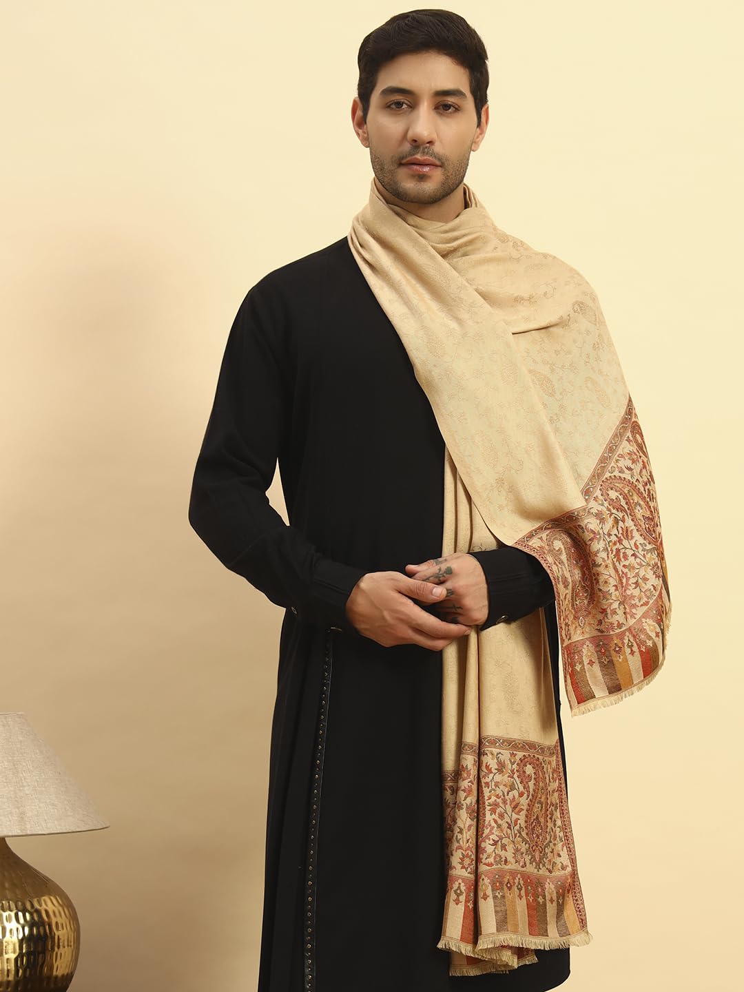 Pashmoda Men Gulpari Kaani Stole, Authentic Kashmiri Luxury Pashmina Style Shawl, Stole, Small Size Gents Lohi, (Size 28x80 Inches,Beige Color) MAVST06