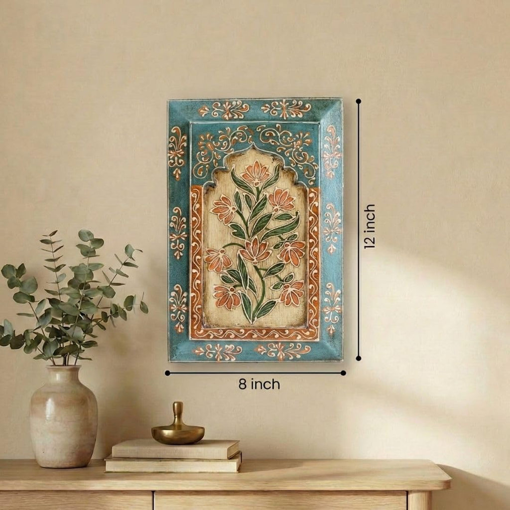 ATRANGI STUDIO Handpainted Wooden Wall Frame | Rajasthani Traditional Craft | Decorative Floral Wall Hanging Art for Living room, Bedroom, Office | 12×8 Inch, Touquoise