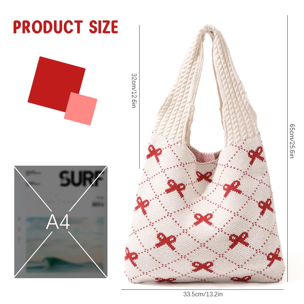 PALAY Tote Bag for Woman Crochet Knitted Red Bow Women Handbags