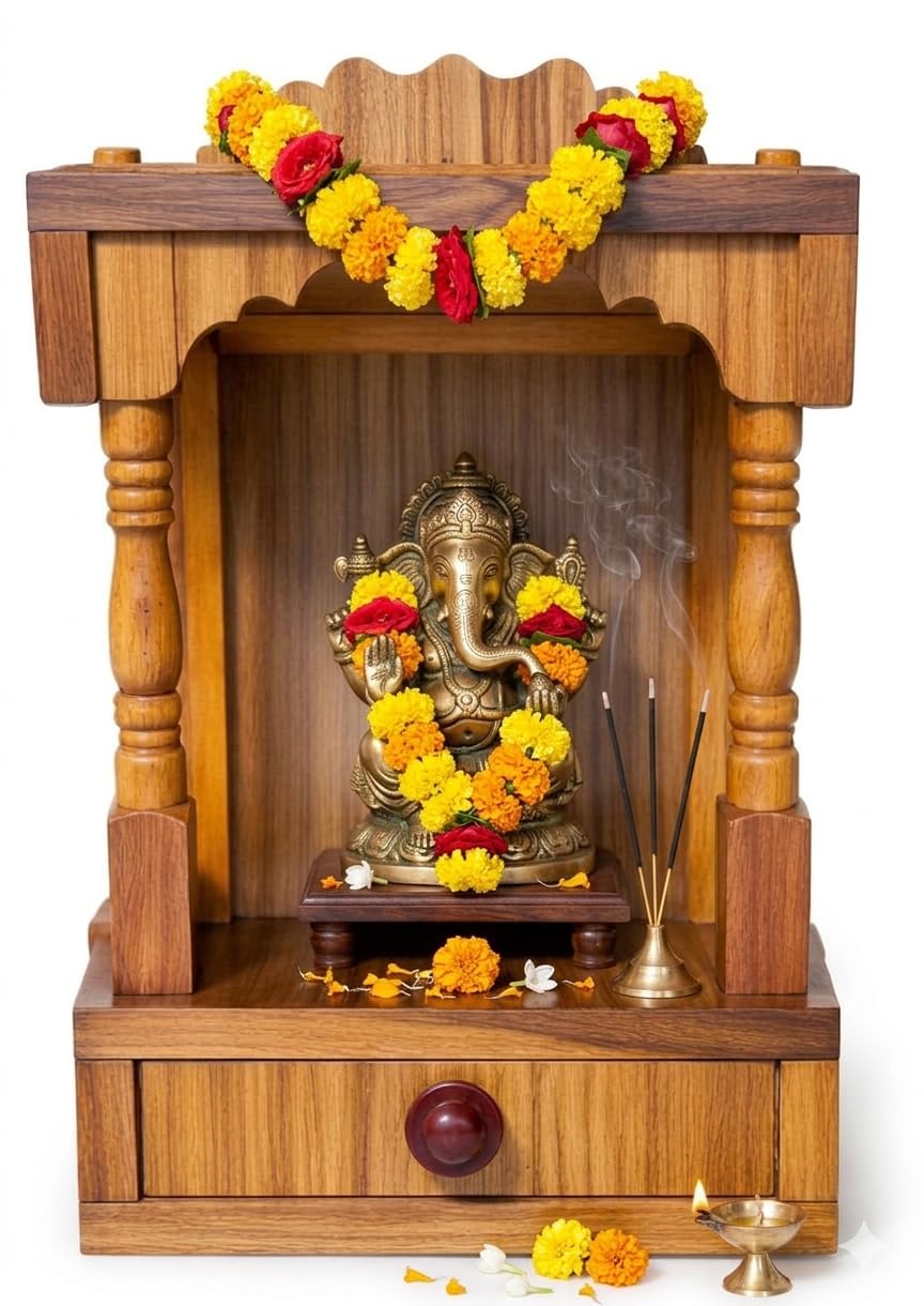 Wooden Home Temple with Drawer, Brown, Traditional Indian Pooja Mandir, Wall or Table Mount
