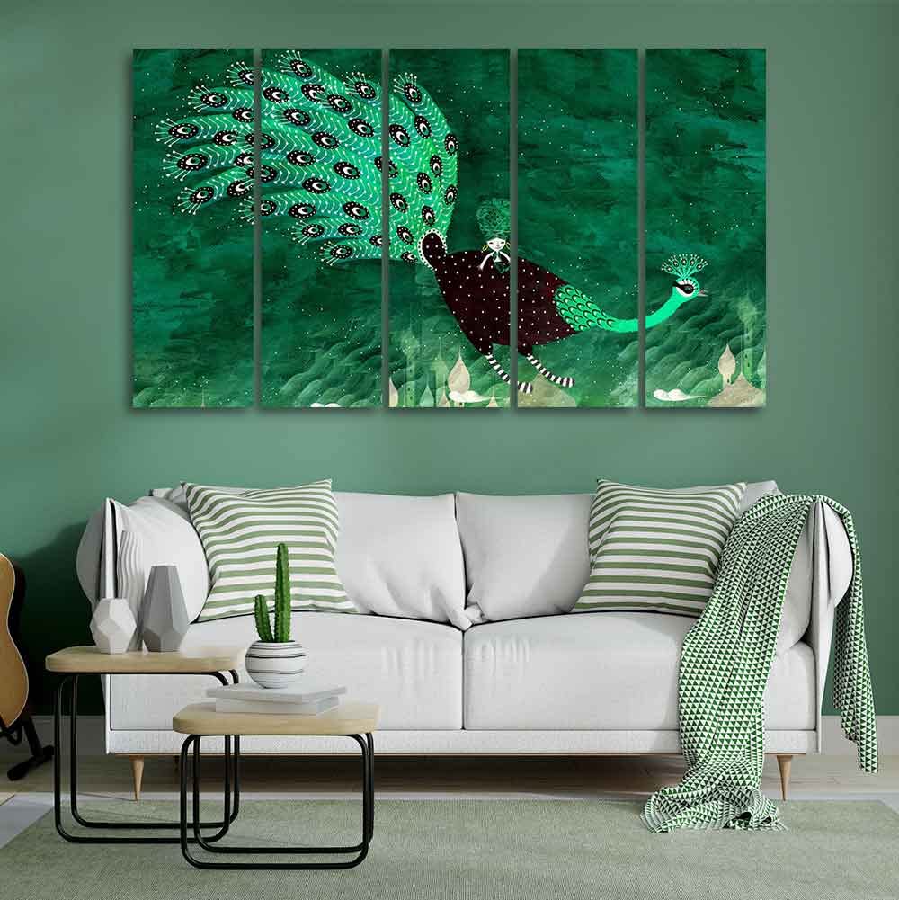 VIBECRAFTS Abstract Art Peacock Canvas Wall Painting of 5 Pieces For Home|Office|Living Room|Gift (PTVC5Pcs4_8611)