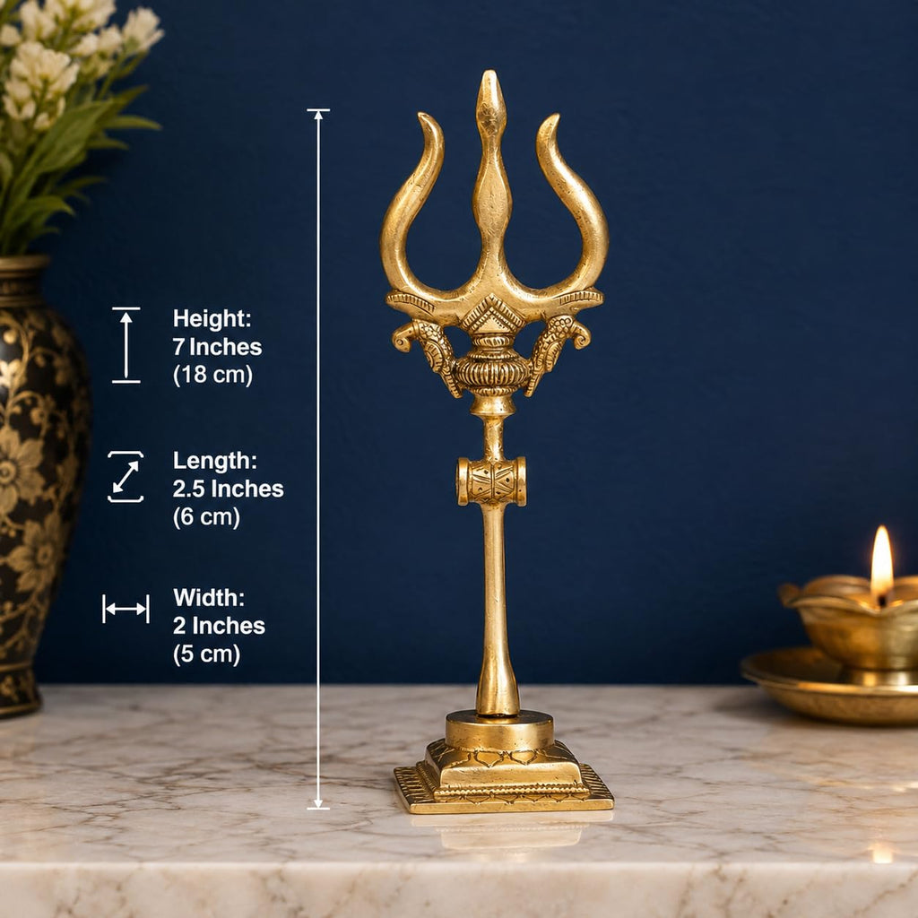 ARTVARKO Brass Shiva Shiv Bholenath Trishul Trident with Damru on Stand Show Piece Decoration Items for Temple Puja Home Decor Gift 7 Inch