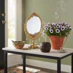 KridayKraft Gold-Plated Double-Sided Oval Metal Table Mirror – Floor-Mounted Unframed Vanity Mirror for Home Décor, Birthday, Anniversary, Wedding & Festive Gifting for Loved Ones