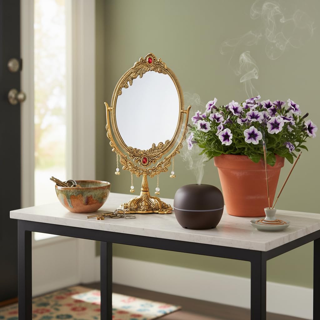 KridayKraft Gold-Plated Double-Sided Oval Metal Table Mirror – Floor-Mounted Unframed Vanity Mirror for Home Décor, Birthday, Anniversary, Wedding & Festive Gifting for Loved Ones