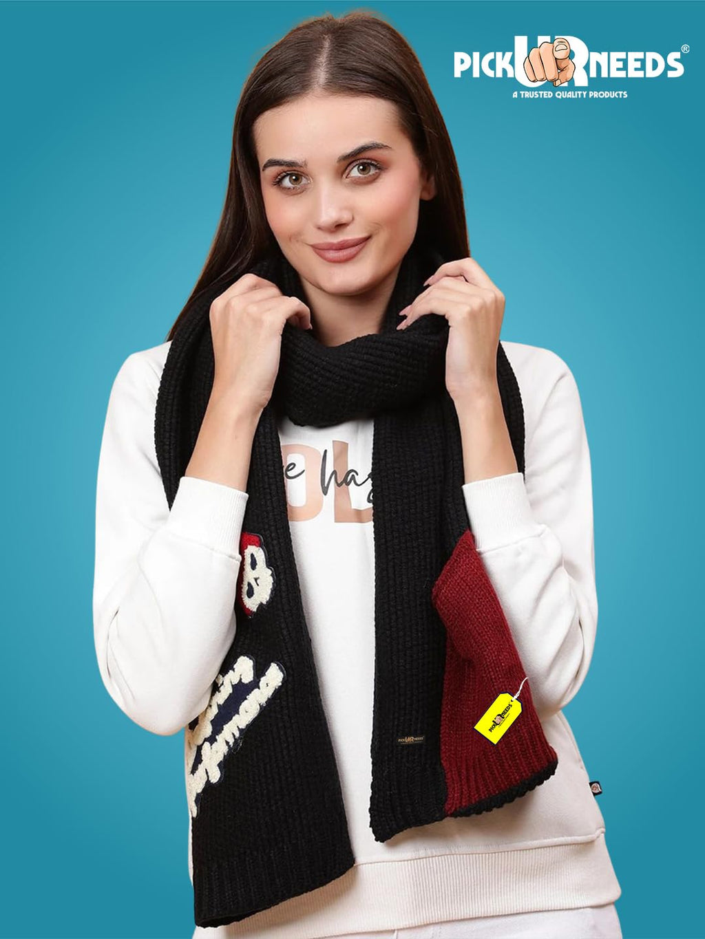 Pick Ur Needs Women Winter Woolen Muffler with Trendy Patch Design Soft Warm Knitted Scarf for Girls & Ladies Stylish Casual Mufflers (Black)