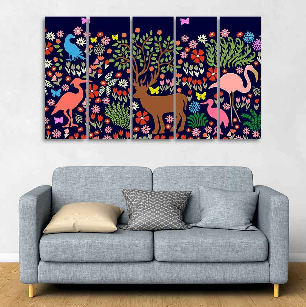 VIBECRAFTS Premium Canvas Folk Art Painting of Animals in Dark Forest Set of Five For Home|Office|Living Room|Gift (PTVC5Pcs4_8639)