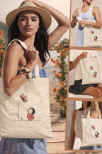 Minimalist Girl & Flower Printed Canvas Tote Bag for Women | 16x14 Inch Cotton Shoulder Bag | Aesthetic Reusable Handbag for College, Office & Shopping