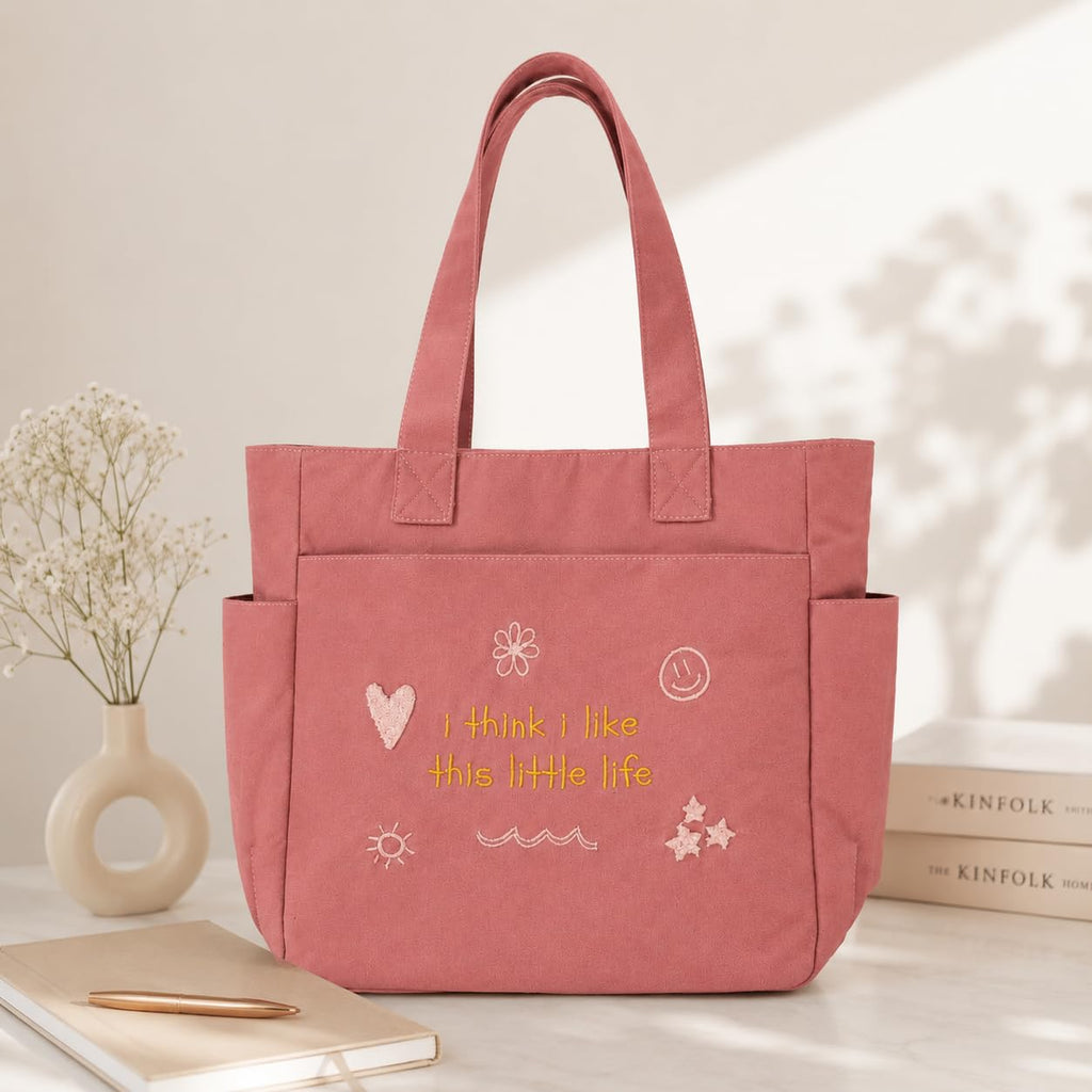 TSANTA Cotton Canvas Tote Bag for College, Office or Travel with Zipper Closure, Laptop Compartment (Little Life Pink)