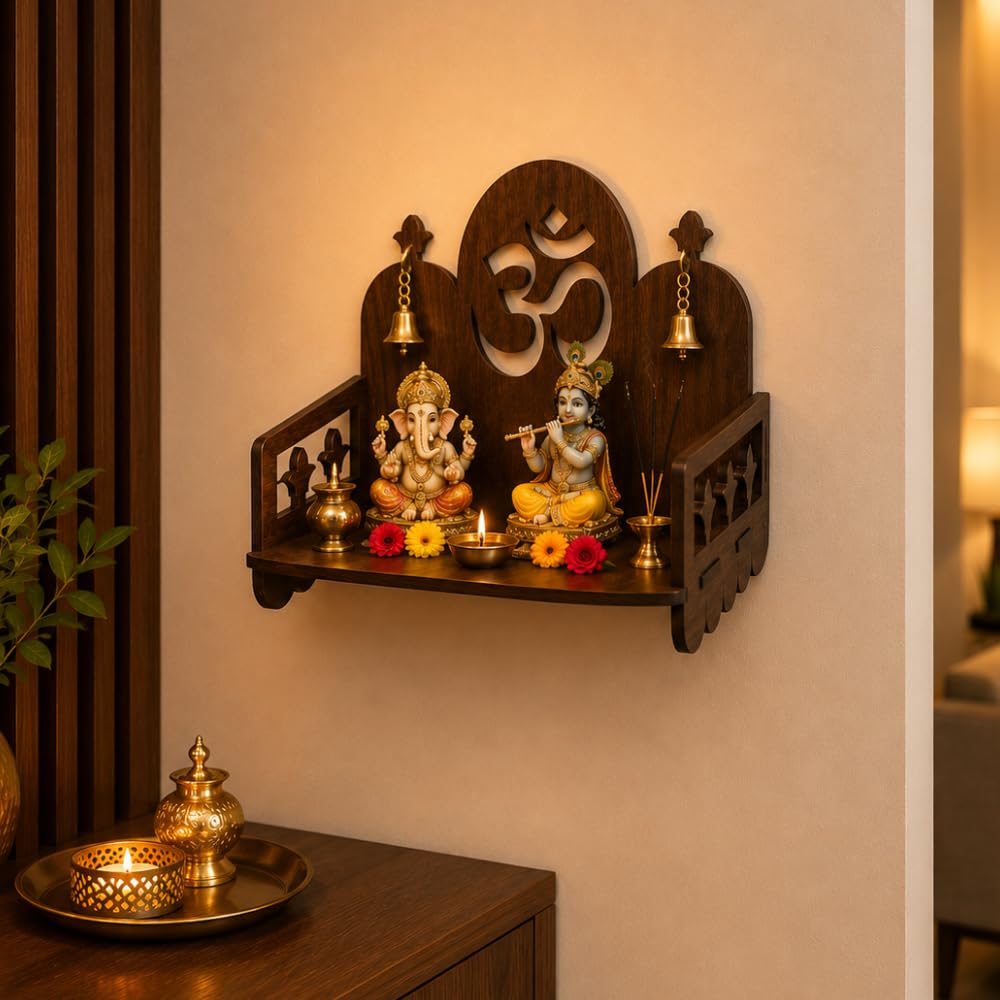 TruRise Wooden Pooja Mandir for Home Wall | Small Temple for Office & Room | Indian Wooden Temple for Table or Shelf | Compact DIY Mandir | 12x9x6 Inch | Classic Design